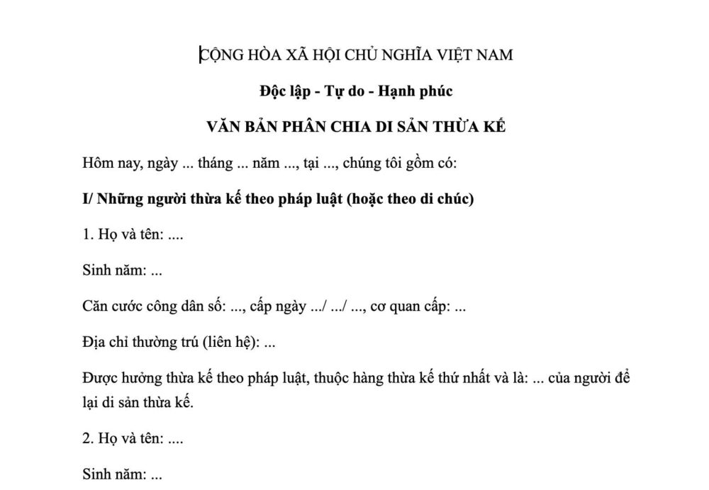 VĂN BẢN THOẢ THUẬN PHÂN CHIA DI SẢN THỪA KẾ MỚI NHẤT 2026 4 Mẫu Văn bản phân chia di sản